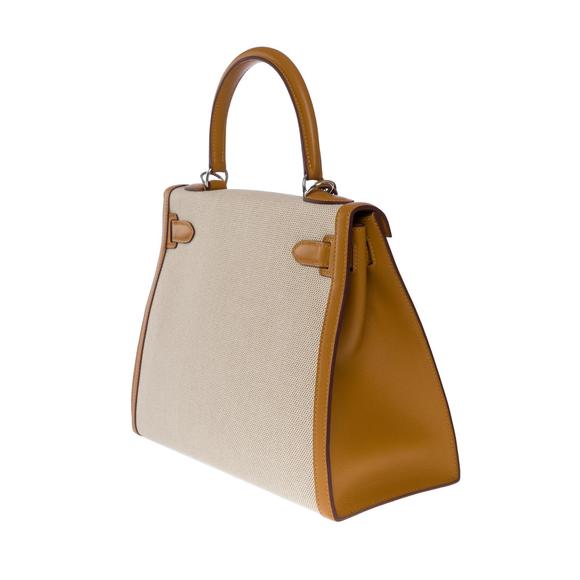 HERMES New Kelly 28 sellier handbag strap in beige canvas and gold leather, SHW - Picture 5 of 12